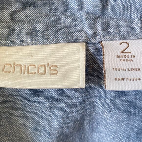 CHICO'S Linen Jacket Open Front 12 Chambray Blue Ripple Trim Roll Tab Sleeve - Picture 4 of 4